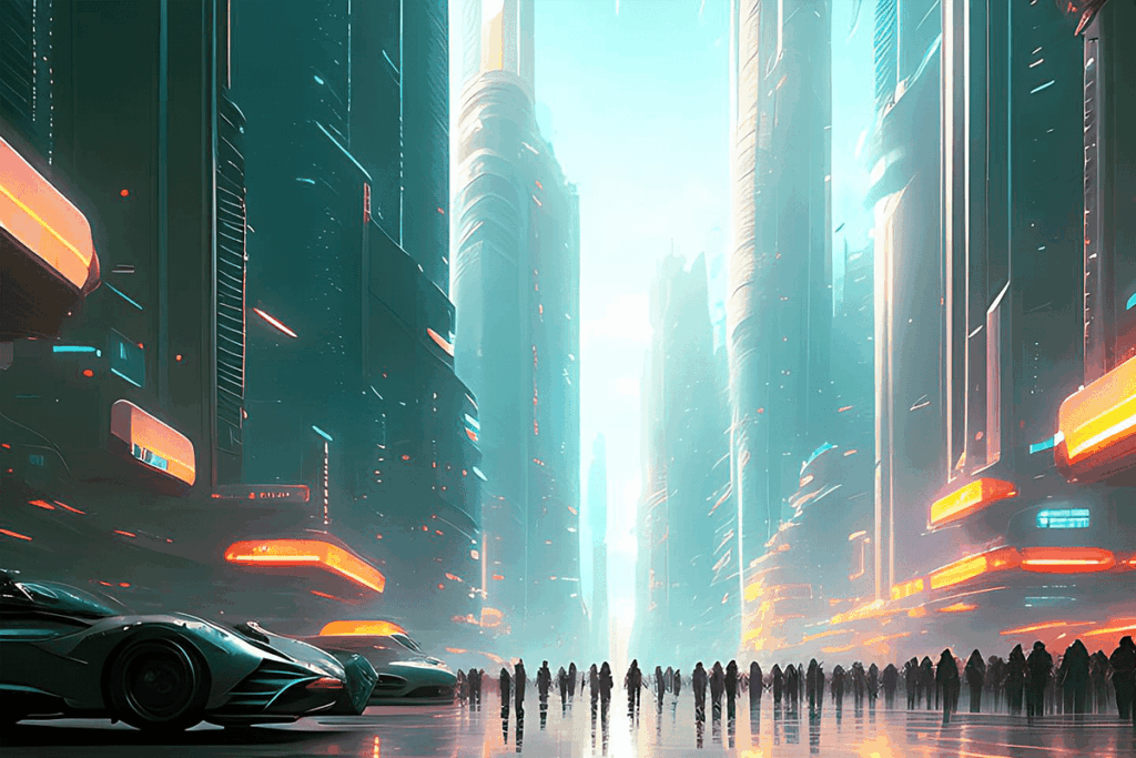 AI generated city with fast cars, tall buildings and people